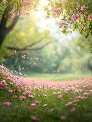 Enchanting Pink Floral Meadow at Dawn: A Serene Spring Landscape with Soft Sunlight
