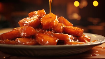 A closeup shot showcases a scoop of candied yams, boasting a vibrant orange color that contrasts...