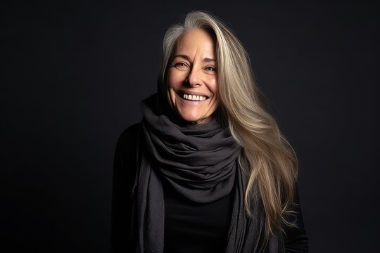 Portrait Of A Happy Senior Woman In Scarf On A Dark Background