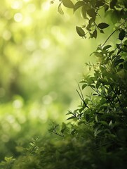 Fototapeta na wymiar Dreamy Sunlit Foliage: Bokeh Effect on Fresh Green Leaves in a Forest 