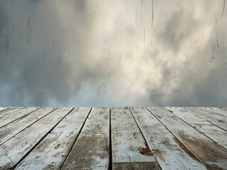 Dramatic Cloudy Sky Over Weathered Wooden Planks: The Calm Before the Storm

