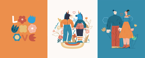 Valentines day cards set - modern flat vector concept illustrations of couples celebrating their love, greeting card design, floral environment. Metaphor of unity, affection, love, connection, growth