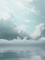 Majestic Cumulus Clouds Over Calm Ocean Waters, Tranquil and Expansive Sky
