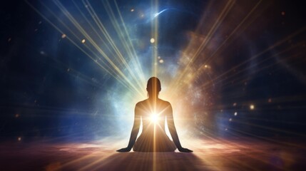 An artistic depiction of a person meditating, with rays of light radiating from their body to illustrate the physical and mental benefits of mindfulness in achieving happiness.