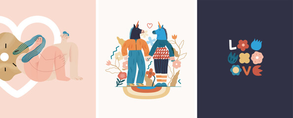 Valentines day cards set - modern flat vector concept illustrations of couples celebrating their love, greeting card design, floral environment. Metaphor of unity, affection, love, connection, growth