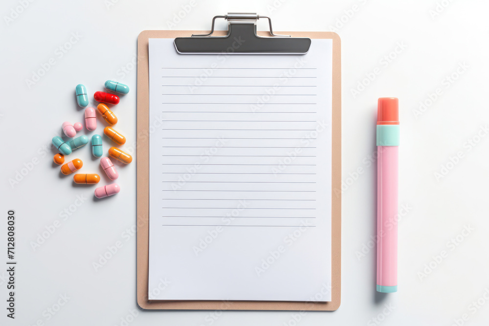 Poster white paper notebook with empty notepad and pen on office table - business design background