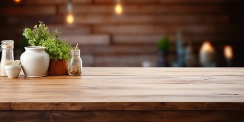 Use wooden table to blur background in a kitchen counter for product display.