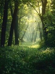 Obraz premium Dreamy Sunlit Forest Path with Fresh Greenery and a Carpet of Wildflowers, Enchanted Woodland 