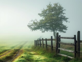 Misty Morning Countryside with a Solitary Tree and Rustic Wooden Fence, Peaceful Dawn
