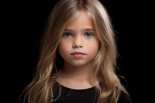 Portrait of a beautiful little girl with long blond hair on a black background