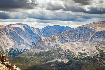 Rocky Mountain valley and forest landscape with storm clouds overhead in Rocky Mountain National Park Colorado.