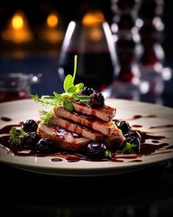 An artistic food shot that captures the elegance of fine dining, showcasing a seared duck drizzled with a glossy cherry and port wine reduction, creating a harmonious blend of richness and - obrazy, fototapety, plakaty