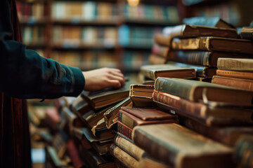 Vintage Literature Retreat: An Aged Bookshelf Filled with Knowledge, Wisdom, and Emotion in a...