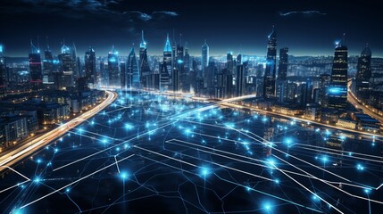 Naklejka premium Sprawling green community with digital smart city infrastructure and rapid data network