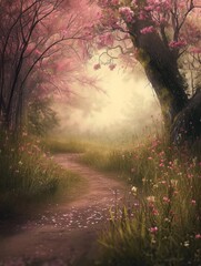 Magical Pink Blossom Trail in Spring, Dreamy Enchanted Forest Pathway