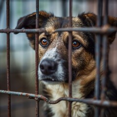Portrait of a dog behind a cage at the animal shelter.