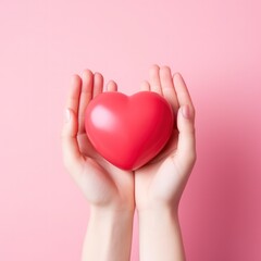 Heart in hands on a pink background. Valentines day concept. world heart day, Copy space. Generative AI.