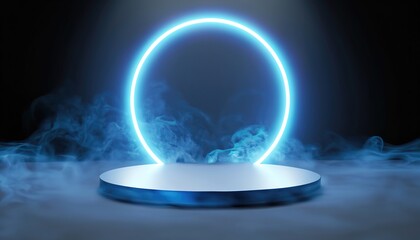 3d render circle three podiums with circle blue neon light on black background with smoke.ai generated