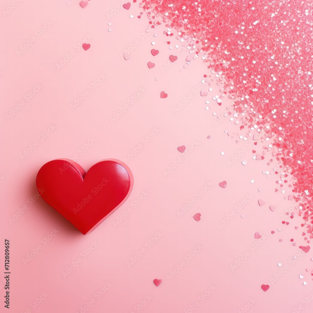 Poster Red heart on pink background. Background for Valentines Day. View from above. Copy space. Generative AI.