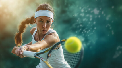 Tennis woman player hitting a forehand shot. Ball in the air, racket reaching out, powerful sport moment with copy space. - obrazy, fototapety, plakaty