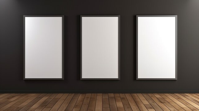 Three vertical modern frame poster on wooden floor with dark wall. 3 frame mock up. Modern minimal contemporary style, for images display.