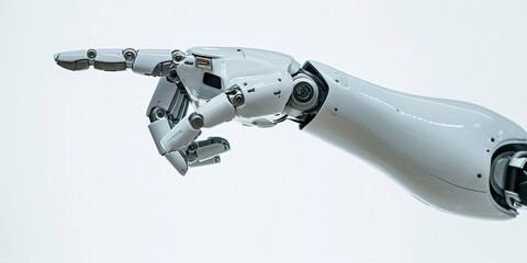 White cyborg robotic hand pointing his finger - 3D rendering isolated on white background.