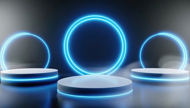 3d render circle three podiums with circle blue neon light on black background with smoke.ai generated