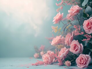 Soft Floral Elegance with Pink Roses in a Dreamy Blue Haze Atmosphere