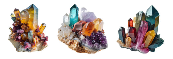 Set of colorful crystal minerals of different varieties over isolated transparent background