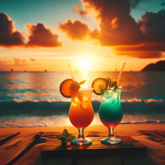 Two Colorful Cocktails for Beloved Couple Sitting on a Tropical Beach at Sunset with Colorful Ocean Sea Sunset in Background. Drinking & Relaxing Honeymoon Newlyweds Valentine's Day Tourism Vacation