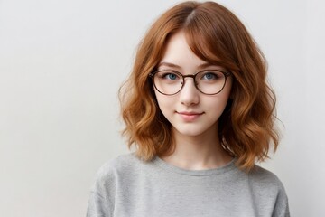 Fototapeta premium A cute ginger girl wearing casual clothes and glasses, standing and looking at the camera, isolated on a white background.