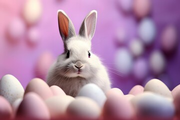 An adorable rabbit surrounded by a spectrum of Easter eggs