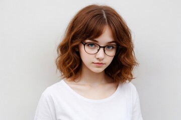 Fototapeta premium A cute ginger girl wearing casual clothes and glasses, standing and looking at the camera, isolated on a white background.