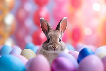 An adorable rabbit surrounded by a spectrum of Easter eggs