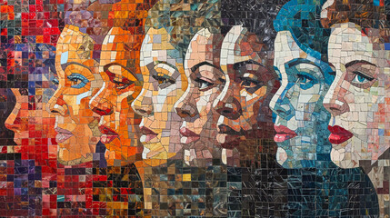 Fototapeta premium Portraits of influential women throughout history, blending into a mosaic that tells the story of women's progress.