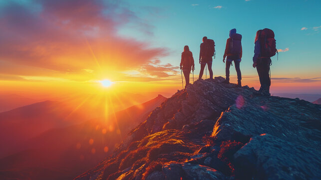 Silhouettes of women standing on a mountain peak, overlooking a sunrise, symbolizing the achievements and heights women can reach.