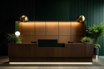 Office reception, white desk, green wall, illuminated wood paneling, flowerpots. Generative AI