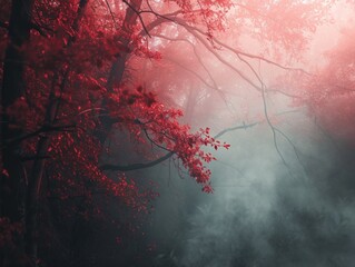 Surreal Crimson Foliage in Misty Forest Setting, Dreamlike Vibrancy in a Mysterious Woodland