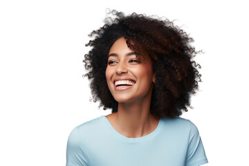 Portrait of a smiling African American woman with afro hair, isolated on white background