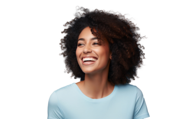 Portrait of a smiling African American woman with afro hair, isolated on white background