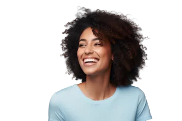Tuinposter Portrait of a smiling African American woman with afro hair, isolated on white background © The Stock Guy