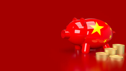 The red piggy bank and coins for Chinese saving or business concept 3d rendering.. - obrazy, fototapety, plakaty