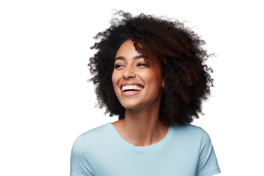 Portrait of a smiling African American woman with afro hair, isolated on white background