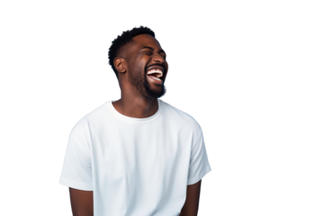 Cheerful African guy laughing with happiness, isolated on white background