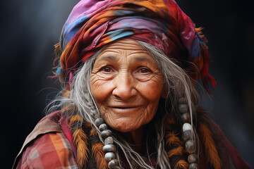 Elderly Woman on Women's Day, Colors and Purple to Highlight the Wisdom of Age, Portrait of a Gray-Haired Woman with Wrinkles, Wearing Colorful Tribal Clothing