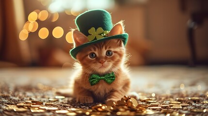 Little kitten in a vibrant St. Patrick's day costume. Cute cat wearing leprechaun hat with lucky gold coins background. Halloween christmas party festive holiday season pet animal artistic digital art