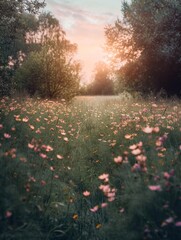 Dreamy Meadow with Soft Pink Wildflowers at Twilight, Embraced by Trees Under a Hazy Sunset