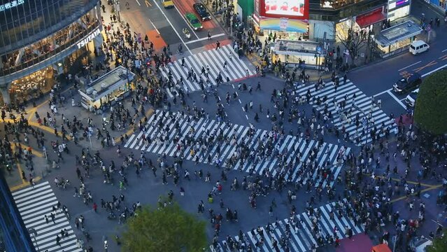 Shibuya crossing with people, time lapse aerial view, Tokyo, Japan