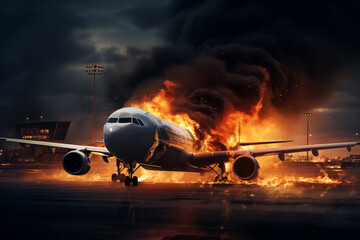 After an aircraft crash passengers, aircraft burns at airport due to an explosion AI Generation - obrazy, fototapety, plakaty