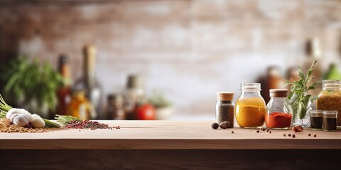 Food ingredients on a blurred shelf beneath a wooden kitchen table.